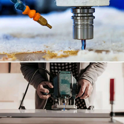 Extra Long Upcut Spiral Router Bit Heavy Duty EANOSIC Pro Grade Half Inch Shank Half Inch Cutting Diameter in CNC use.