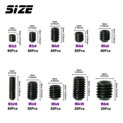 400Pcs Allen Head Socket Cup Point Set Screws Kit With 10 Sizes M3 M4 M5 M6 M8 Internal Hex Drive metric sizes chart