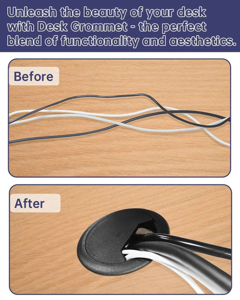 Before and after using 2 Inch Desk Grommet And Cable Grommet Kit Black 10 Pack With 2 Inch Hole Saw for cable management on desk