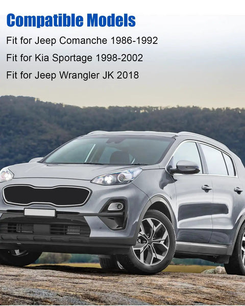 Silver SUV parked with compatible models text for Jeep Comanche, Kia Sportage, and Jeep Wrangler JK.