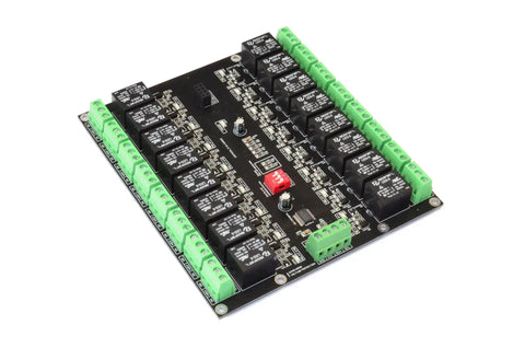 16 Channel I2C Relay Board With PCF8575 Expander for Arduino Raspberry Pi ESP32 3.3V and 5V, showing relays and connectors.