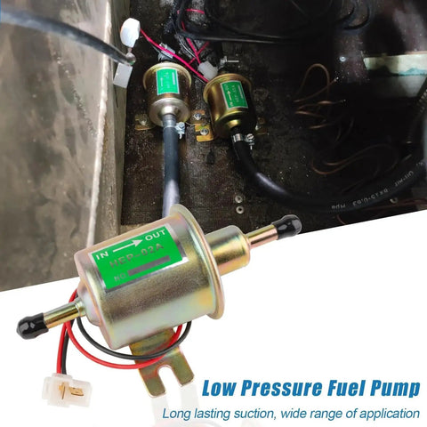 12V Inline Fuel Pump Go-To Low Pressure 3 To 6 PSI Delivers 30 GPH Universal Electric Fuel Pump installed in small engine