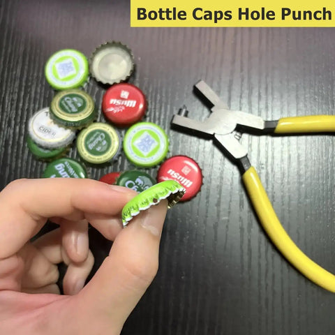5 Inch Ergonomic Hole Punch Pliers 2Mm Round Hole Punch Tool with yellow handle beside bottle caps