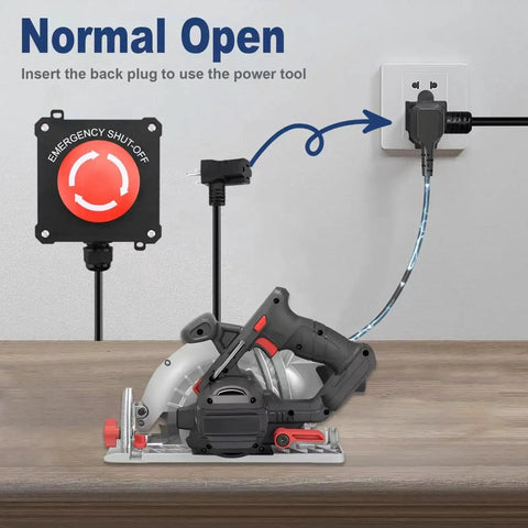 Emergency Stop Switch With 10ft Heavy Duty Cord And Big Red Button, 440V 16A, near table saw plugged into wall socket