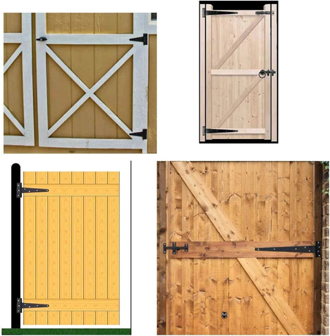 Heavy Duty T Strap Shed Gate Hinge Set For Indoor Outdoor Doors And Barn Gates 6 And 12 Inch Iron Black Finish with Chrome Plated Zinc