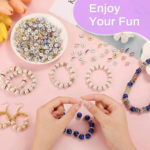 Hands creating jewelry with 300 Pieces Rhinestone Spacer Beads Set In 10 Colors, 10mm Crystal Bead Spacers for bracelets and earrings.