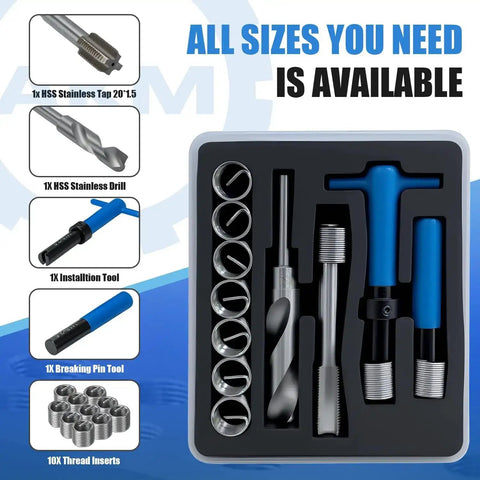 15 Piece M20x1.5 Thread Repair Kit with Stainless Steel Wire Coil Inserts displayed with tools and coils in packaging