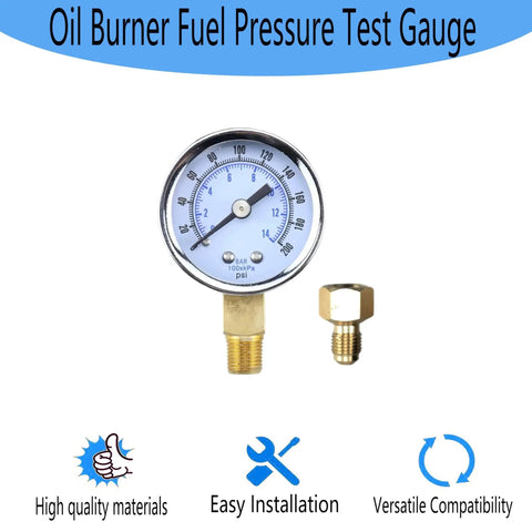 Oil Burner Fuel Pressure Test Gauge 0-200 PSI Fits Beckett Suntec Webster Danfoss Pumps Replacement Gauge with Bezel and NPT Port