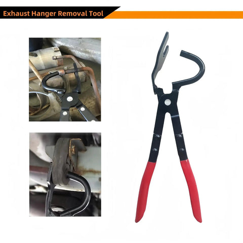 Exhaust Hanger Removal Tool With Rubber Bracket Pliers, black metal with red handles and 300mm size, shown in use on muffler.