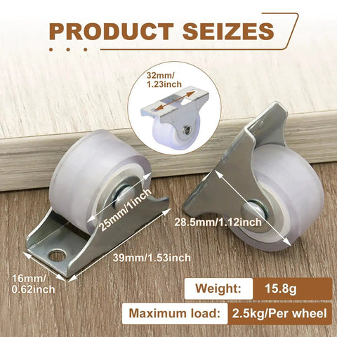 Product dimensions of 1 Inch Mini Caster Wheels Set 8 Pieces Fixed Silent Non Swivel Thickened Rubber Castors With Metal Top Plate.