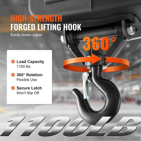 High-strength forged lifting hook of 3 In 1 Electric Hoist Winch 1100 Lb Capacity 1500W Portable Crane with 360-degree rotation.