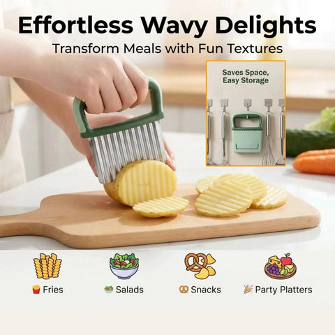 Person using crinkle cutter from Three In One Vegetable Slicer Set With Onion Holder And Crinkle Cutter And Green Onion Slicer