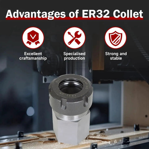 ER-32 Hex Collet Block Holder for CNC Lathe and Engraving Machines, front view on machine with craftsmanship icons