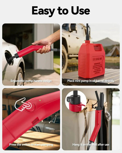 USB C Rechargeable Fuel Transfer Pump 3 GPM Portable Siphon with Leakproof Hose in action with car and fuel canister