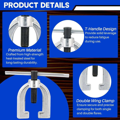 Product details of All In One Brake Line Flaring Tool Kit With Tubing Cutter For Copper Aluminum Brass Magnesium And Soft Steel Includes Five Flaring Dies For Three Sixteenths To One Half Inch And A Yoke For 45 Degree Flare Repairs, showing T-handle design and double wing clamp.