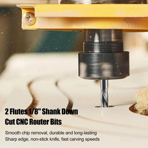Downcut Spiral Double Flute CNC Router Bit Set One Eighth Inch Shank Tungsten Carbide End Mills cutting wood surface