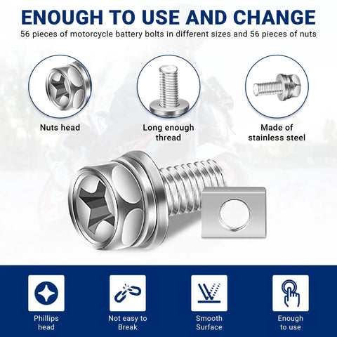 56 Piece Pro Grade Stainless Steel Motorcycle Battery Terminal Nuts And Bolts Kit For ATV Bike And Scooter Includes M6 Bolts In 10 12 16 And 20 Mm Sizes With Square Nuts Heavy Duty Repair Set displayed.