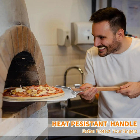 Man using Pizza Peel And Rocker Cutter Set For Home Kitchen With Aluminum Paddle 12 By 14 Inches to transfer pizza from oven