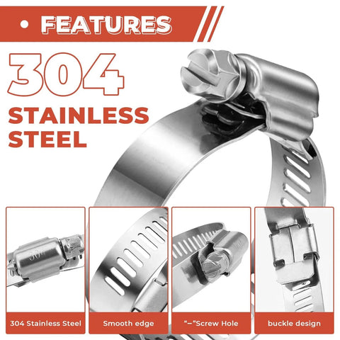 304 stainless steel worm gear hose clamp with screw hole, buckle design, and smooth edge features for various applications.