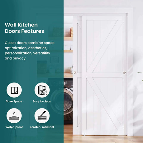 Double Barn Style Sliding Closet Doors 48x80 Inches With Hardware Kit installed in kitchen, white finish, smooth glide.