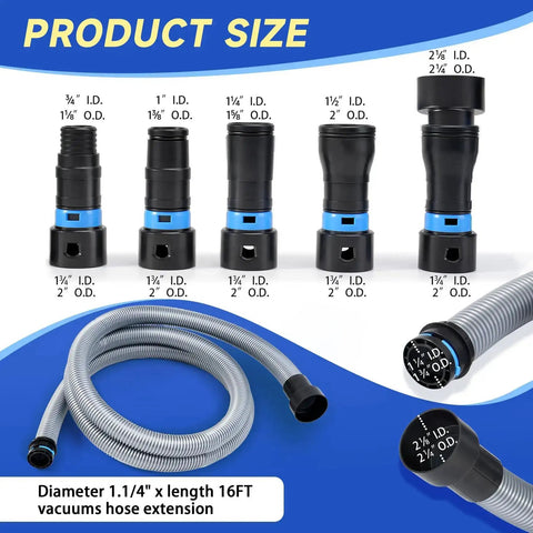 16 Ft Dust Collection Hose Kit For Home And Workshop Vacuum Systems With 1 1/4 Inch Hose 360 Degree Quick Connect Adapters