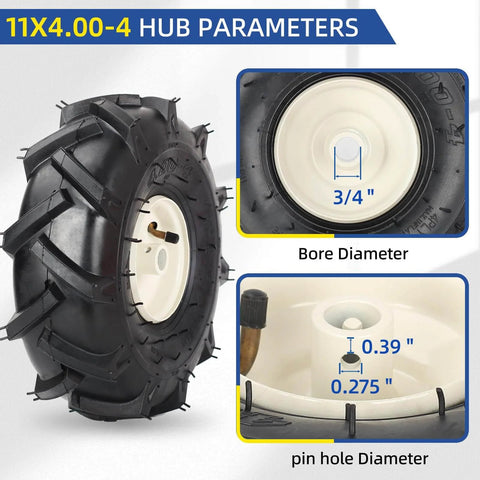 Tubeless 11x4.00-4 tiller tire and wheel with 3/4 inch axle and 3-1/8 inch centered hub for Super Lug tractor and trencher tillers