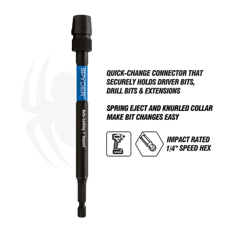 12 Inch Dual Hex Eight And Hex Ten Locking Hole Saw Extension Chuck For Power Drills, Spin On Mount, side view.