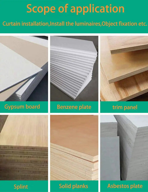 Various sheets for construction including gypsum board, benzene plate, trim panel, splint, solid planks, asbestos plate.