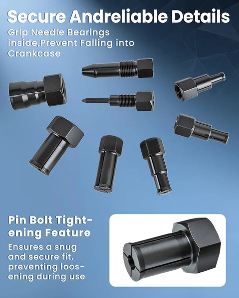 10 Piece Blind Hole Bearing Puller Set for Motorcycles, showing collets and pin bolt tightening features, secure fitment.