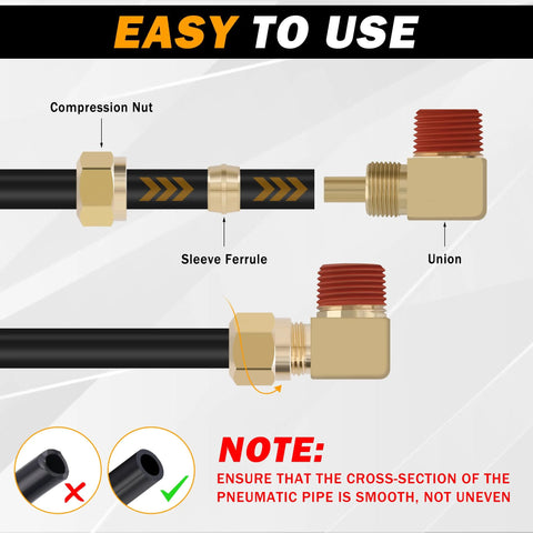 Brass DOT 90° compression union elbow fitting for 1/4" tubing, 1/4" NPT thread with nut and ferrule