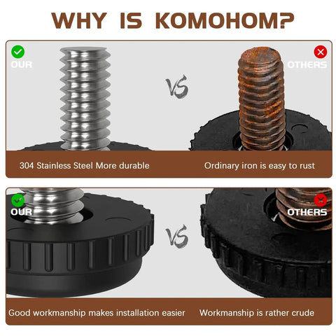 Comparison of 304 stainless steel leveling feet versus ordinary iron, highlighting durability and workmanship for tables and chairs.