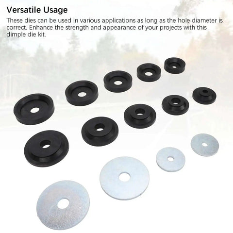 Sheet Metal Dimple Die Set With Flared Holes, Carbon Steel Dimple Dies And Backing Discs displayed on a surface