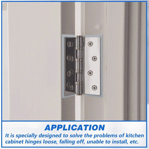 Stainless Steel 16 Gauge Door Hinge Shims 4-1/2 In By 1-5/8 In Hinge Spacer installed on door for alignment adjustment and squeak reduction.