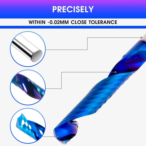 Close-up of Upcut Spiral Router Bit, Pro Grade Carbide With Blue Coating, Single Flute, for precision cuts in various materials.