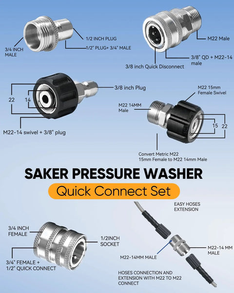 Saker pressure washer quick-connect set, 10-piece metal fittings with M22-14 swivel to 3/8 and 3/4 quick disconnect