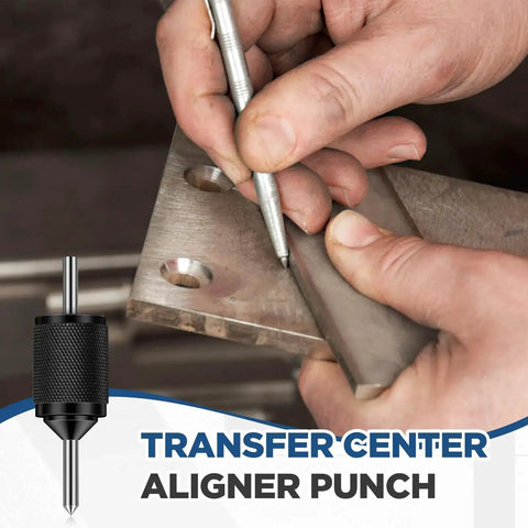Hands using Universal Transfer Punch and Center Aligning Tool hardened steel pin for precise marking on metal in workshop setup.