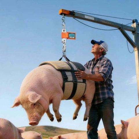 Digital Crane Scale 1100 Lbs 500 Kg Capacity With Cast Aluminum Case LCD Display used to weigh a pig in a farm setting.
