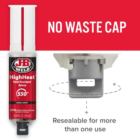 High Heat Epoxy Syringe Kit for Metal and Plastic Repairs with reusable cap, dark grey, bonds up to 550°F visible, 1:1 two-part formula.
