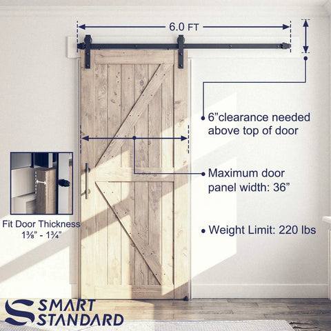 6 Ft Sliding Barn Door Hardware Kit With Track, Pull Handle Set And Floor Guide For 36 Inch Wide Doors, shown installed on a wall.