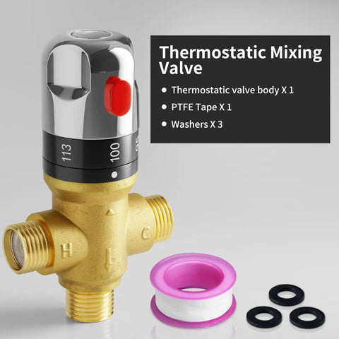 Thermostatic Mixing Valve Half Inch NPT Solid Brass Temperature Control For Shower Kitchen Faucet And Solar Systems With Adjustable Thermostat Red Button For Quick Temperature Boost Over 100F Safe Precise Flow Regulation Durable Plumbing Valve