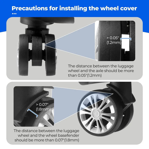 Upgrade Luggage Wheel Covers installation diagram with precise measurements for 2 to 2.4 inch spinner wheels, blue silicone protectors