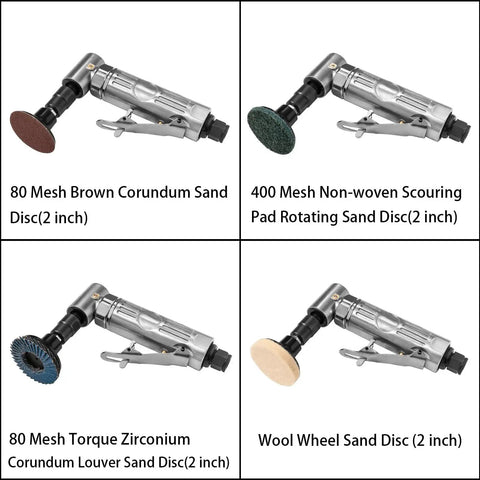 Right Angle Air Die Grinder Kit With Twenty Two Roll Lock Two Inch Sanding Discs And Quarter Inch Pneumatic Die Grinder Tool Mini Angle Grinder For Grinding Polishing Deburring In Tight Spaces Up To 20000 RPM And 90 Degree Head Design with various 2-inch sanding disc attachments.