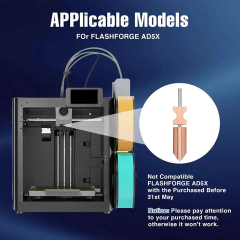 3D printer compatibility notice for All Metal High Flow Nozzle Kit With 0.25mm 0.4mm 0.6mm Options showing Flashforge AD5X model