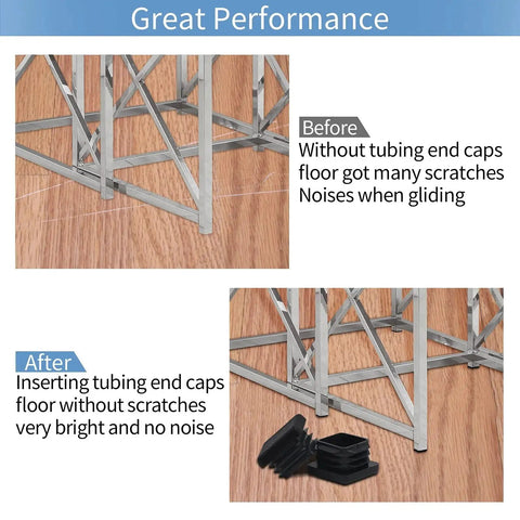 Before and after using 12 Pack 1 Inch 1x1 Square Tube End Caps Plastic Plugs For Square Tubing Black Durable Fitting on metal frame.