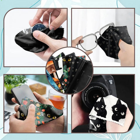 Six Pack Microfiber Cleaning Cloths 6.3x6.3 Reusable For Glasses Phones Cameras shown wiping surfaces
