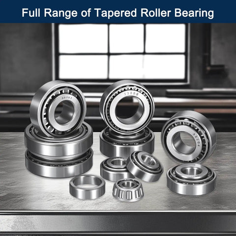 Full range view of 32011 Tapered Roller Bearing Cone And Cup Set, 55mm Bore, 90mm OD, chrome steel, for machinery and DIY projects.