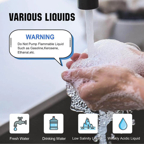 ECO-WORTHY 110V AC Fresh Transfer Diaphragm Water Pump warning for safe liquid types under running water