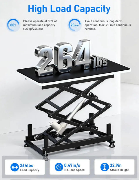 Front view of DIHOOL electric scissor lift table with black steel frame, 265 lb capacity, height 10.43–43.31 in.