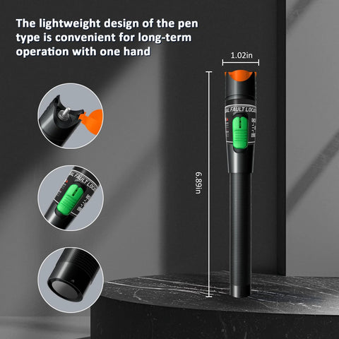 CHunreegow Visual Fault Locator pen with black textured body, orange cap, green switch, 30 km single-mode fiber tester.