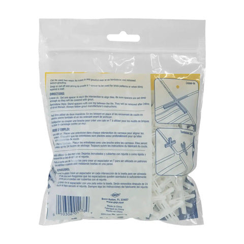 Back view of 300 pack 1/8 Inch Hard Tile Spacers for Traditional or Leave-In Installations in clear bag with instructions.